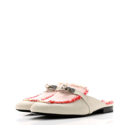 Hermes Calfskin Fringed H Canvas Oz Mules 37 Beige Glaise Framboise 3 of 9