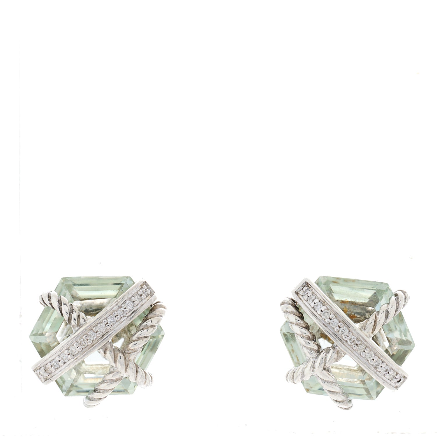 David Yurman Sterling Silver Diamond Prasiolite 10mm Cable Wrap Earrings 1 of 3