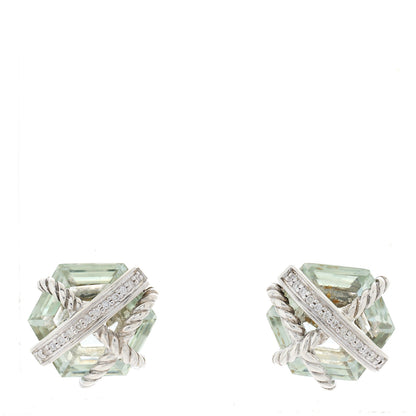 David Yurman Sterling Silver Diamond Prasiolite 10mm Cable Wrap Earrings 1 of 3