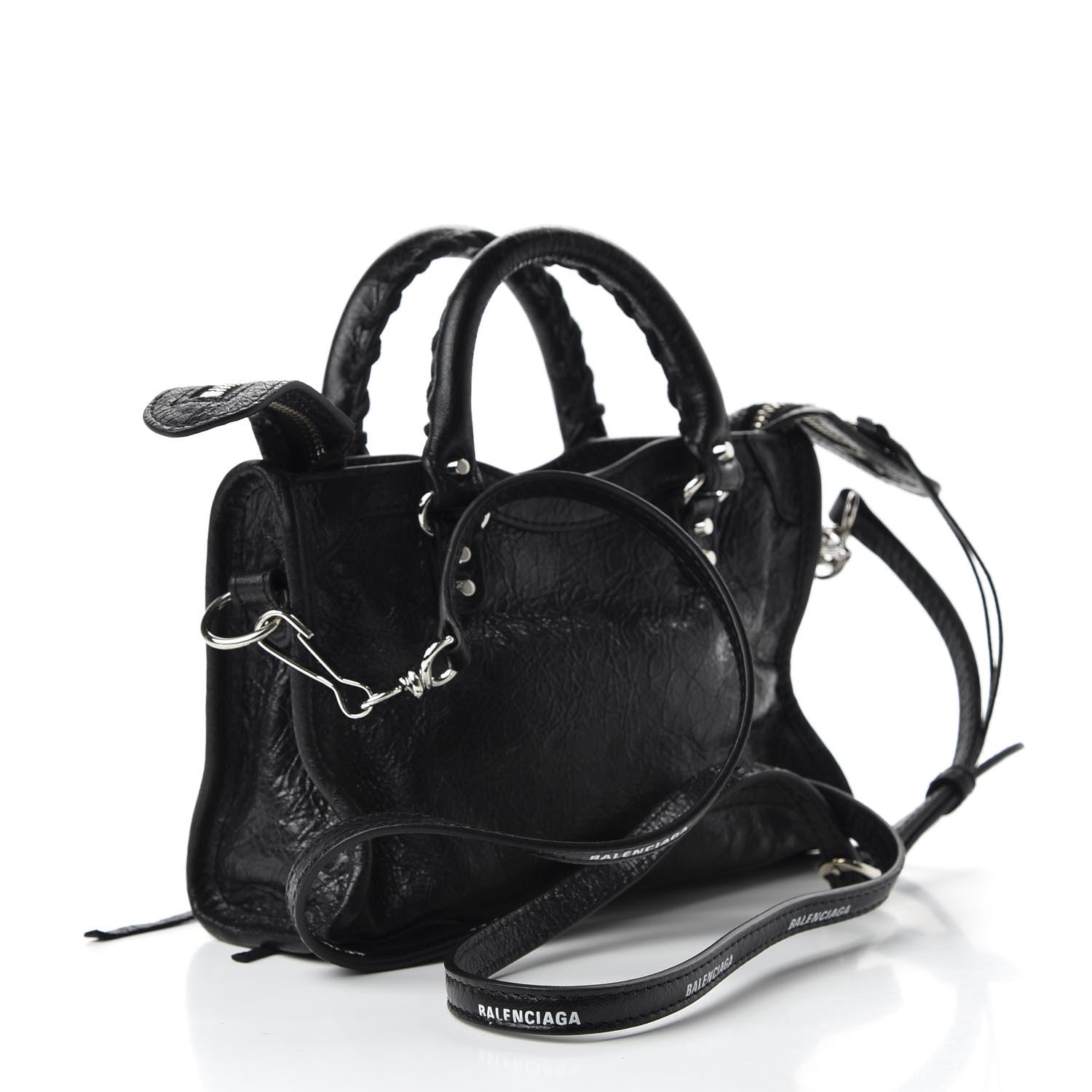 Balenciaga Agneau Classic Silver Hardware Nano City Logo Strap Black White 3 of 8