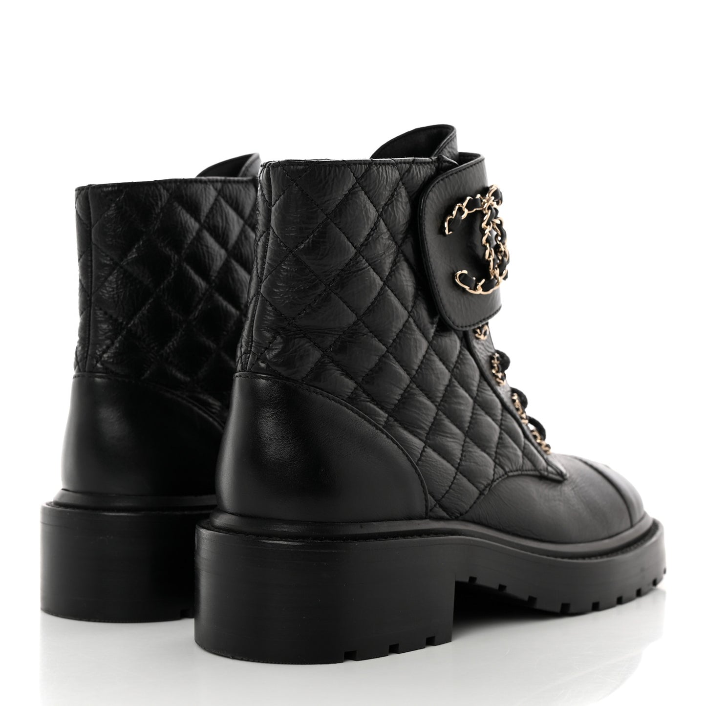 Shiny Goatskin Calfskin Quilted Lace Up Combat Boots 37 Black