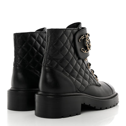 Chanel Shiny Goatskin Calfskin Quilted Lace Up Combat Boots 37 Black 4 of 11