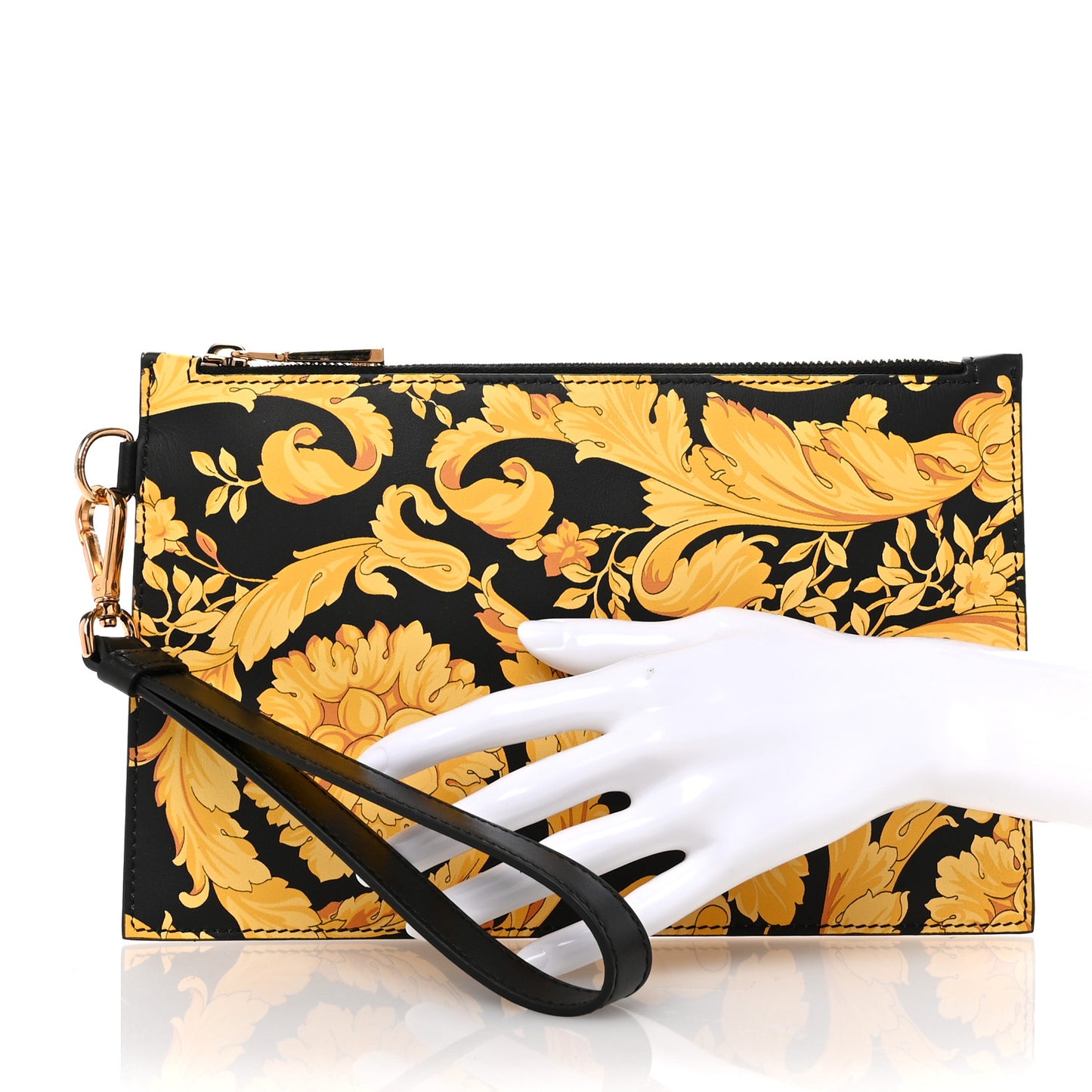 Vitello Baroque Print Wristlet Pouch Black Gold