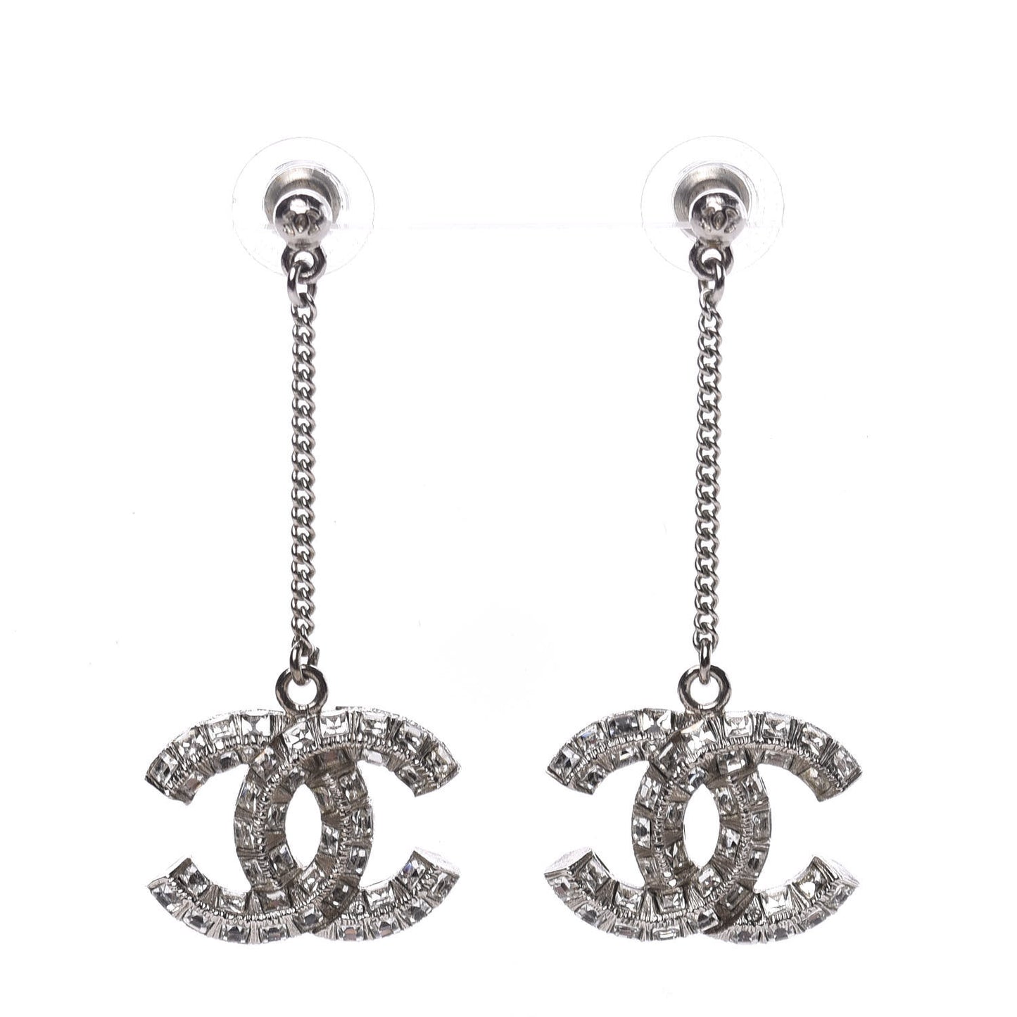Crystal Baguette CC Dangle Earrings Silver
