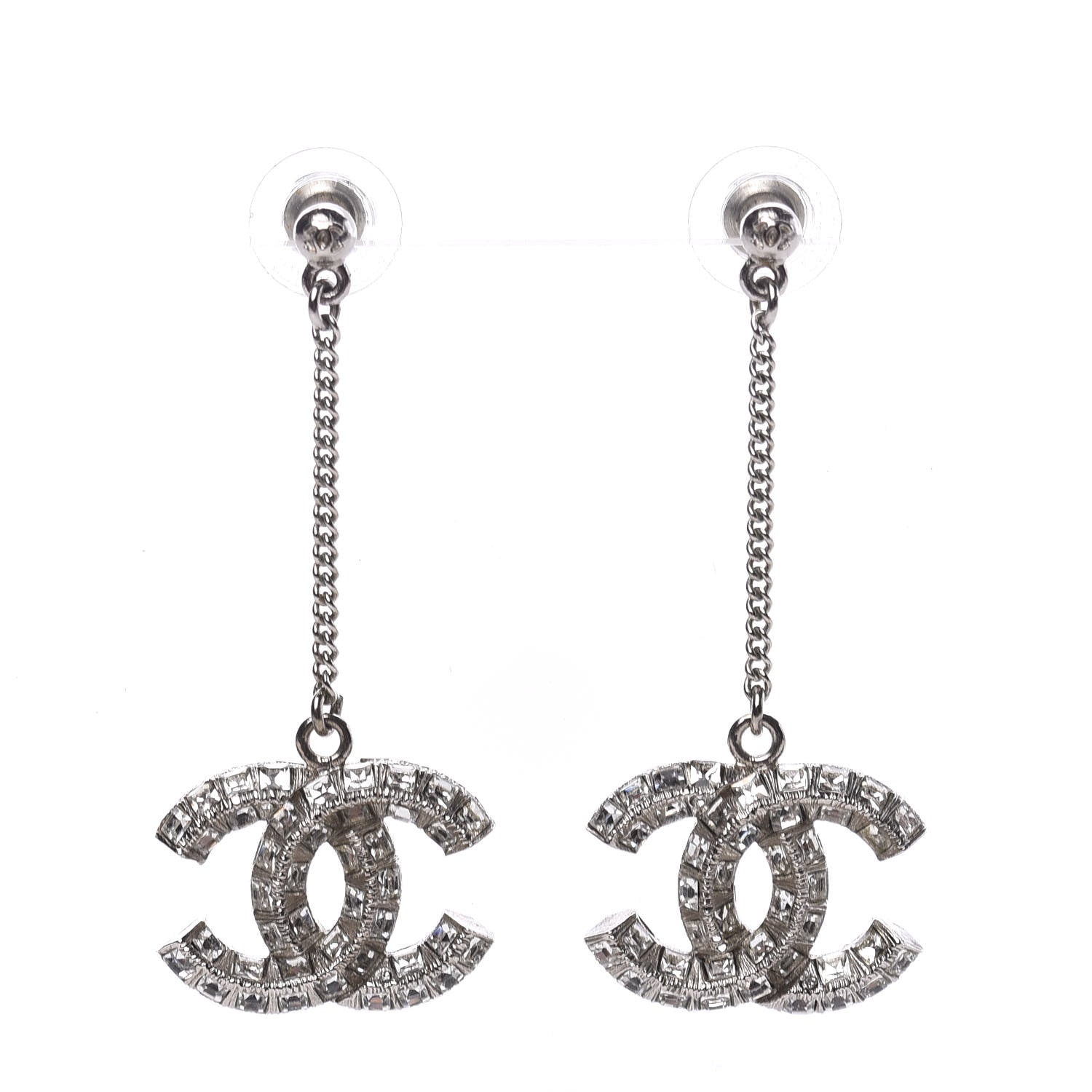Chanel Crystal Baguette CC Dangle Earrings Silver 1 of 3