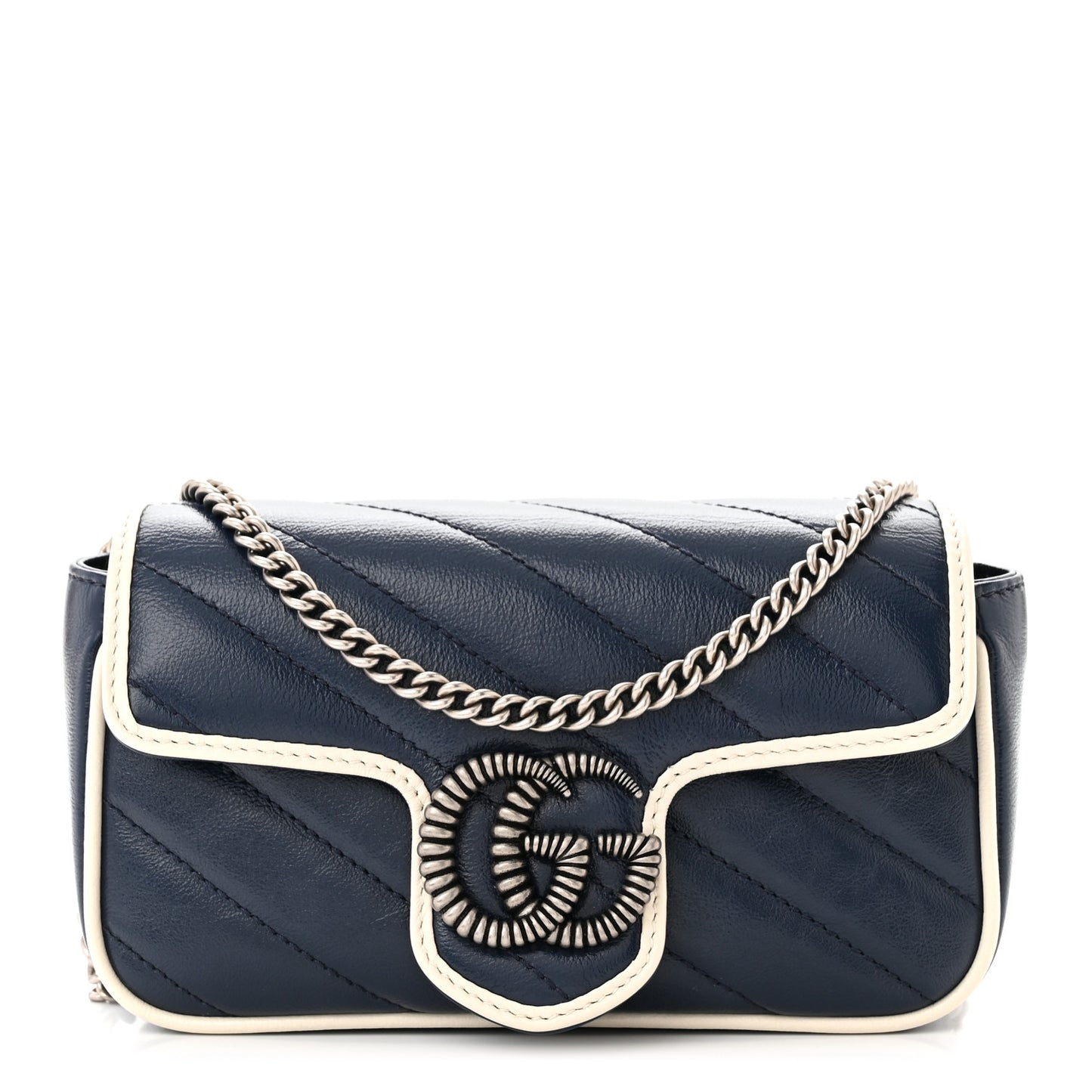 Vintage Effect Calfskin Matelasse Diagonal Super Mini Torchon GG Marmont Shoulder Bag Blue Agata Mystic White