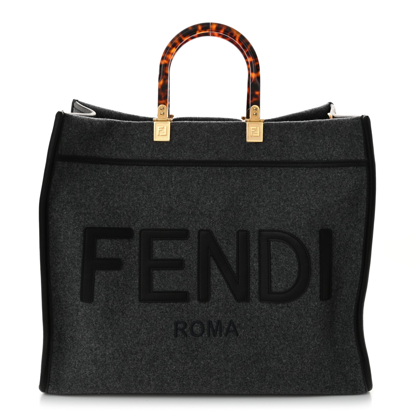 Melange Flannel Plexiglass Satin Logo Embroidered Threaded Edge Large Fendi Sunshine Shopper Tote Grigio Black