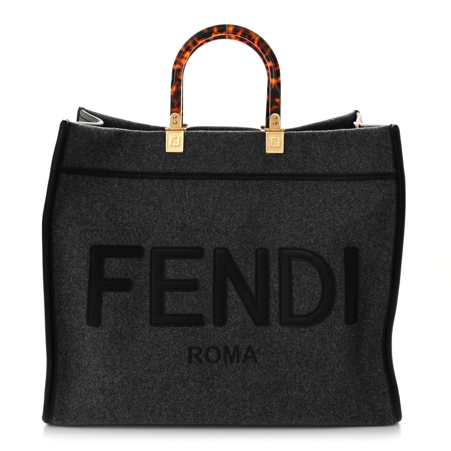Fendi Melange Flannel Plexiglass Satin Logo Embroidered Threaded Edge Large Fendi Sunshine Shopper Tote Grigio Black 1 of 11