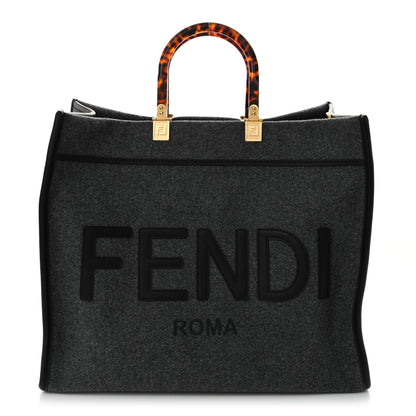Fendi Melange Flannel Plexiglass Satin Logo Embroidered Threaded Edge Large Fendi Sunshine Shopper Tote Grigio Black 1 of 11
