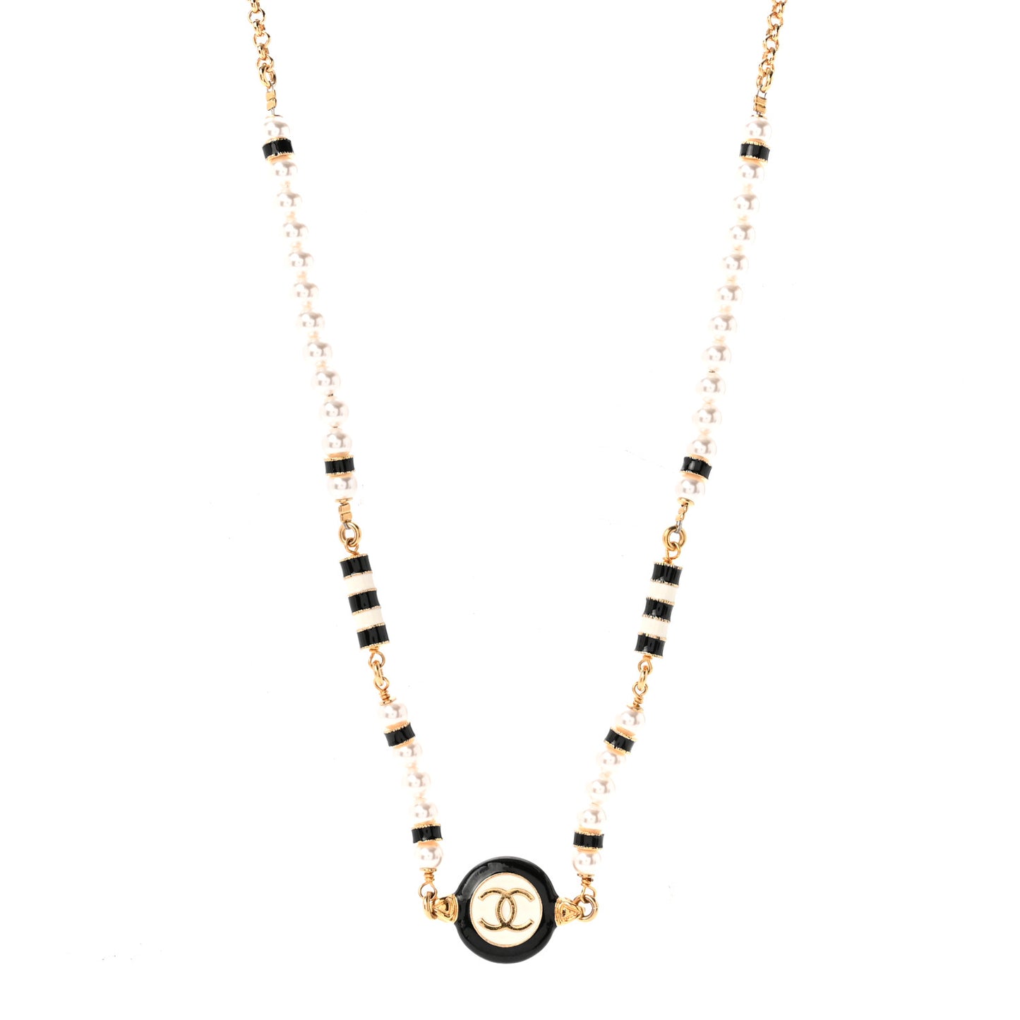 Metal Enamel Pearl CC Necklace Gold Black White
