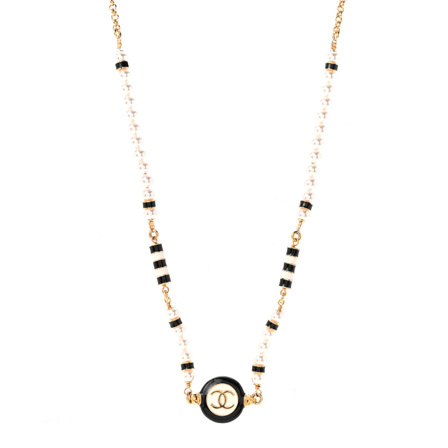 Chanel Metal Enamel Pearl CC Necklace Gold Black White 1 of 6