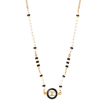 Chanel Metal Enamel Pearl CC Necklace Gold Black White 1 of 6