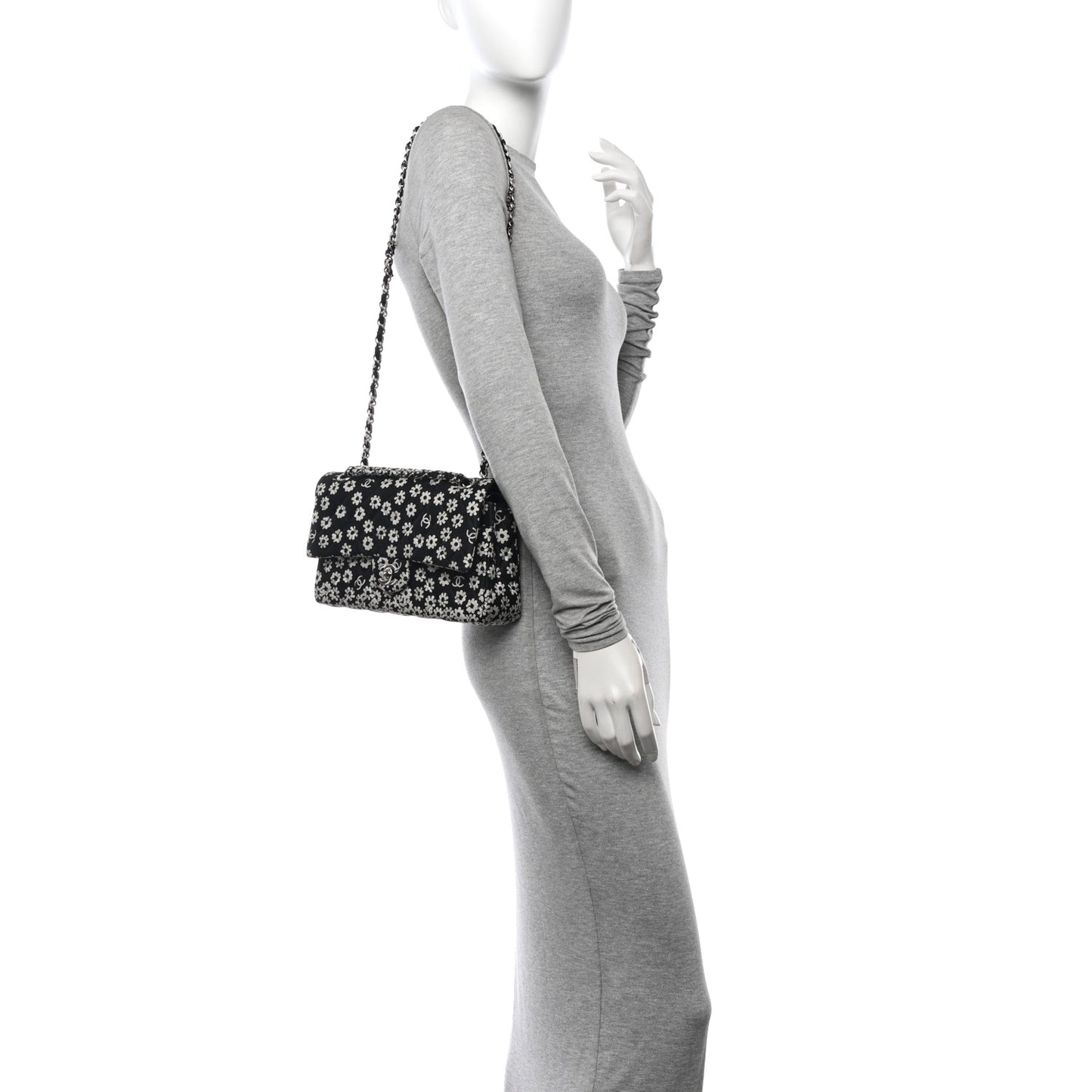 Canvas Floral Printed Quilted Medium Double Flap Black White