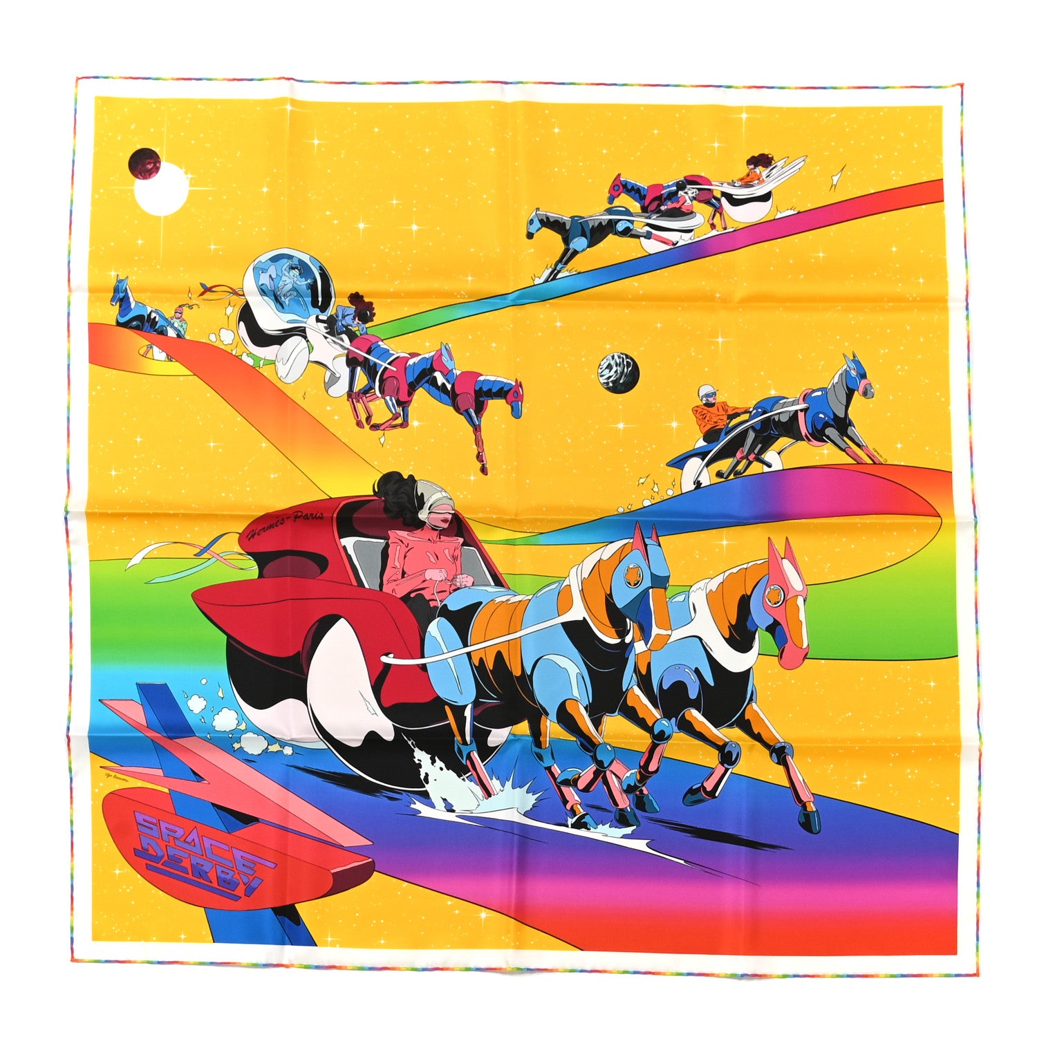 Hermes Silk Space Derby Scarf 90 Jaune Vif Vert Fluo Multicolor 1 of 5