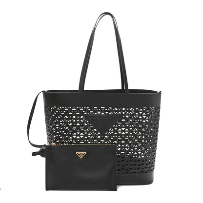 Prada City Calfskin Perforated Triangle Tote Black 3 of 10