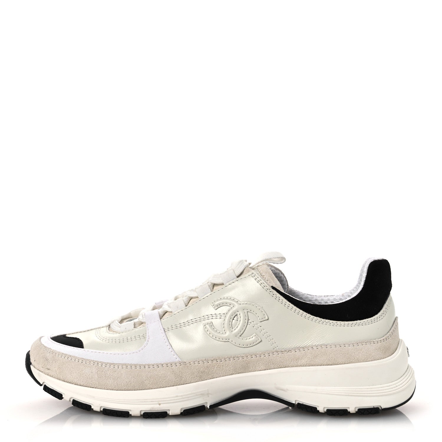 Chanel Calfskin Suede CC Womens Sneakers 39.5 White Black 1 of 11