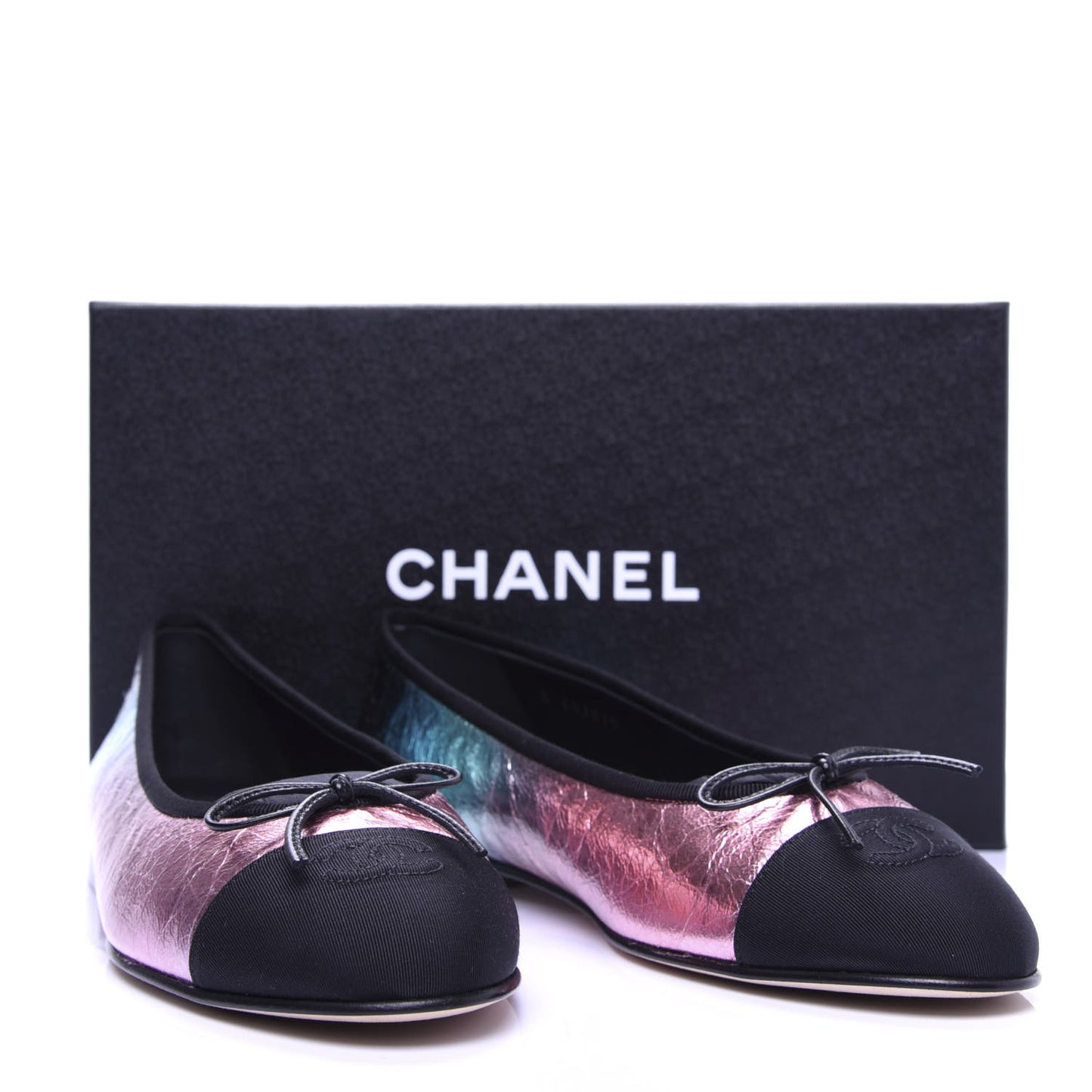 Laminated Calfskin Grosgrain Cap Toe CC Ballerina Flats 41 Multicolor Black