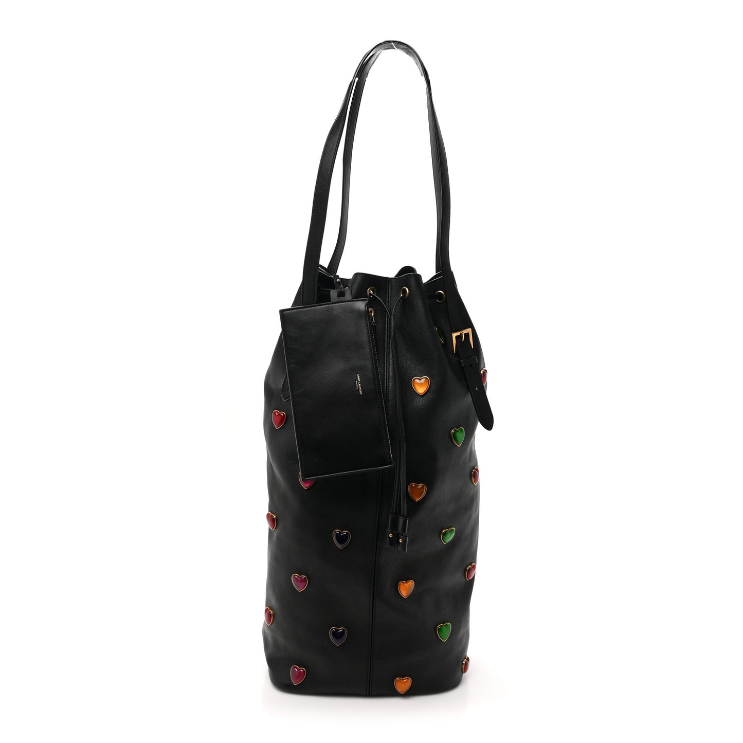 Lambskin Medium Heart Studded Riva Bucket Bag Black