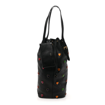 Saint Laurent Lambskin Medium Heart Studded Riva Bucket Bag Black 2 of 12