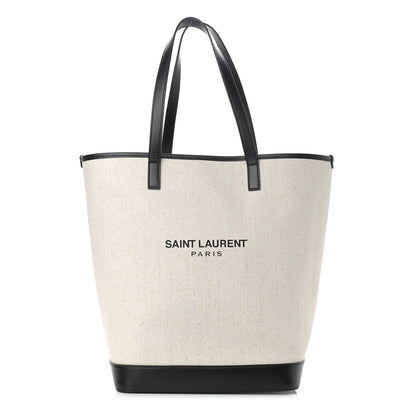 Saint Laurent Canvas Calfskin Teddy Drawstring Shopping Tote White Black 3 of 11