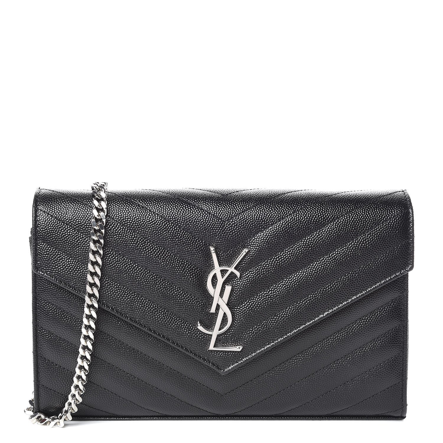 Saint Laurent Grain De Poudre Matelasse Chevron Monogram Chain Wallet Black 1 of 9