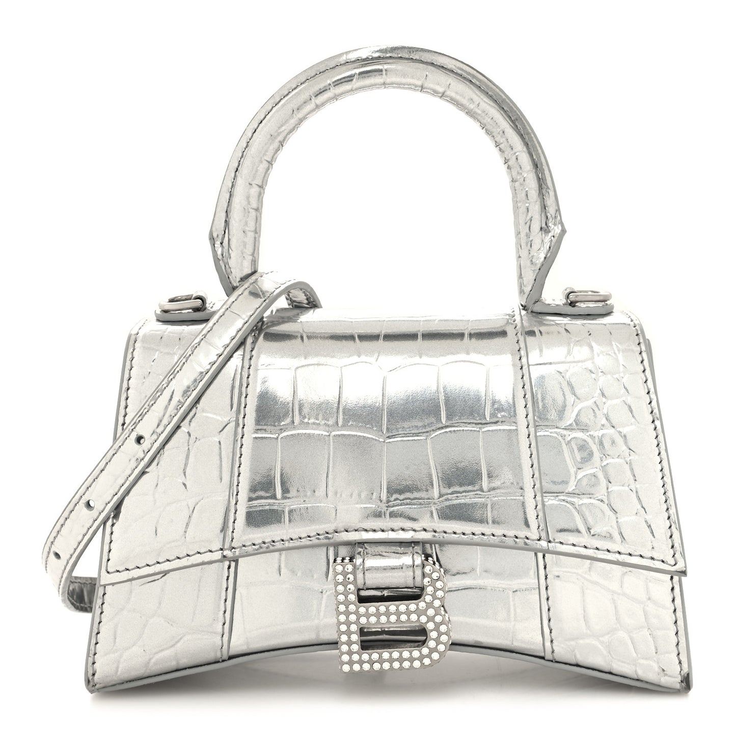 Metallic Calfskin Crocodile Embossed Crystal Hourglass Top Handle Bag XS Silver