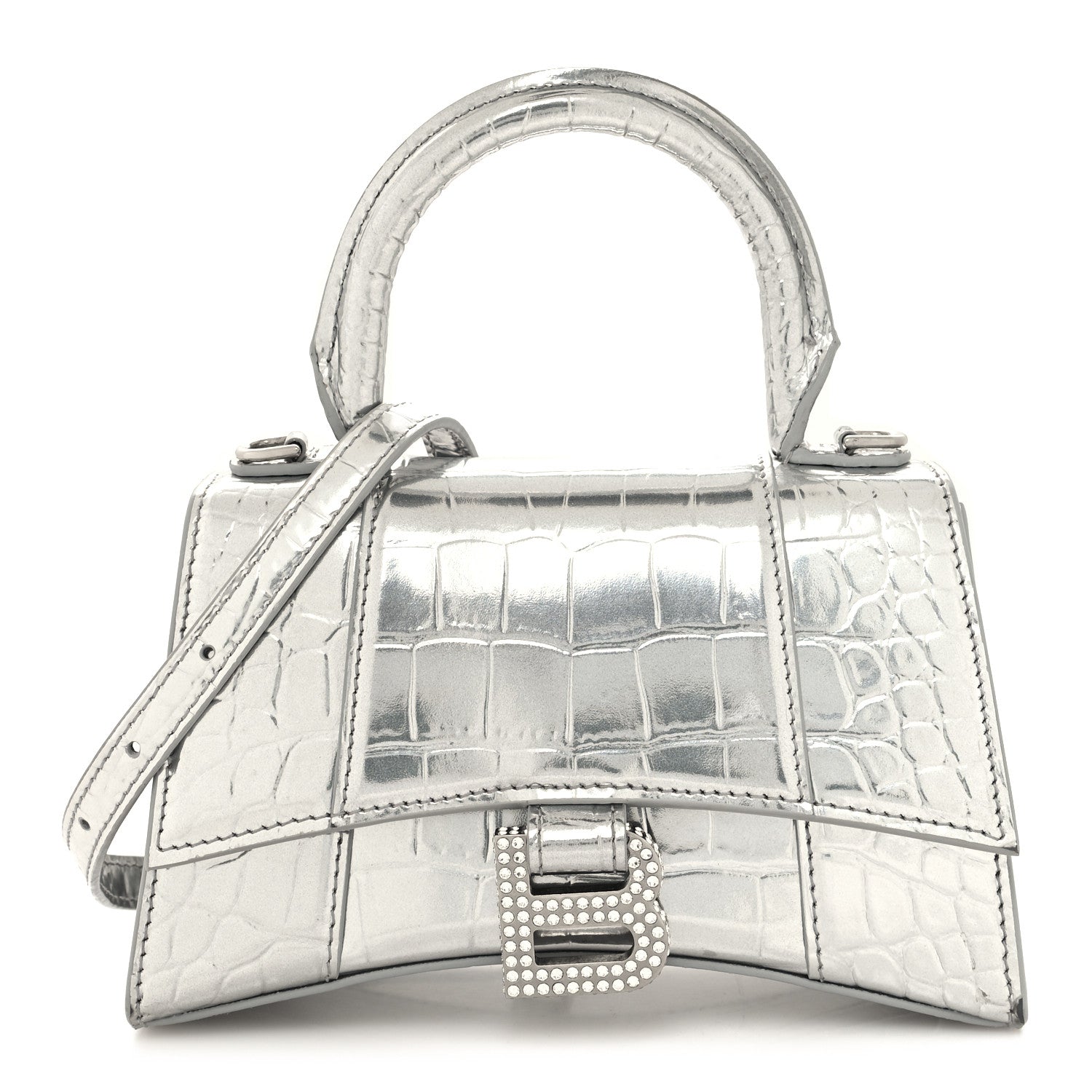 Balenciaga Metallic Calfskin Crocodile Embossed Crystal Hourglass Top Handle Bag XS Silver 1 of 10