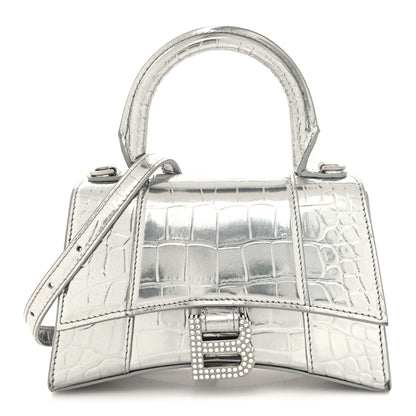 Balenciaga Metallic Calfskin Crocodile Embossed Crystal Hourglass Top Handle Bag XS Silver 1 of 10