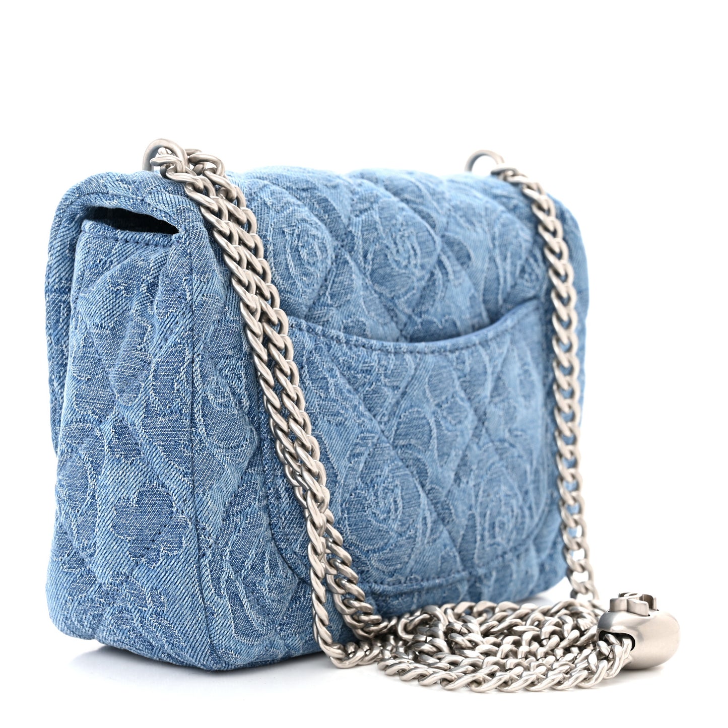Denim Quilted Camellia Sweetheart Mini Flap Blue