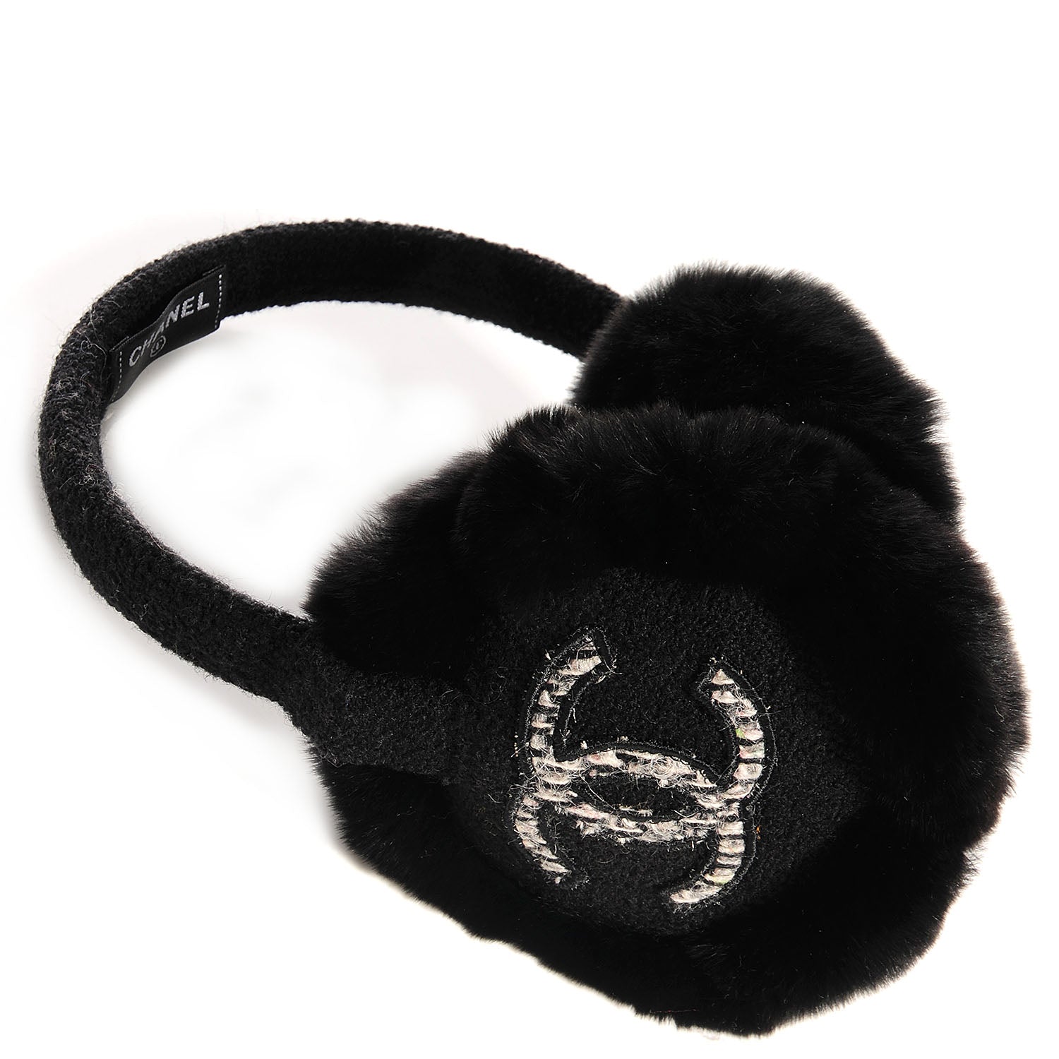 Chanel Orylag Rabbit Wool Tweed CC Ear Muffs Black 1 of 5
