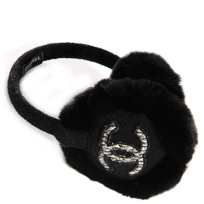 Chanel Orylag Rabbit Wool Tweed CC Ear Muffs Black 1 of 5