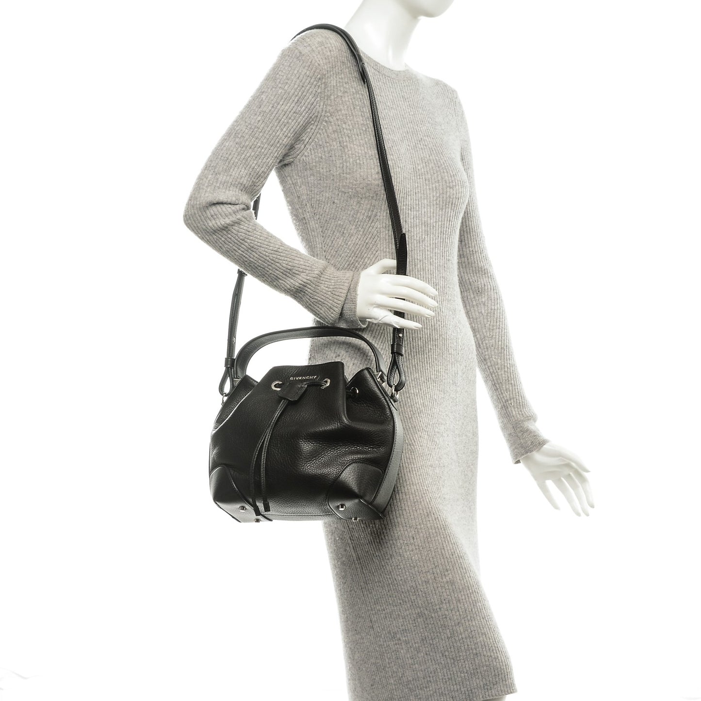 Calfskin Small Lucrezia Drawstring Bucket Bag Black