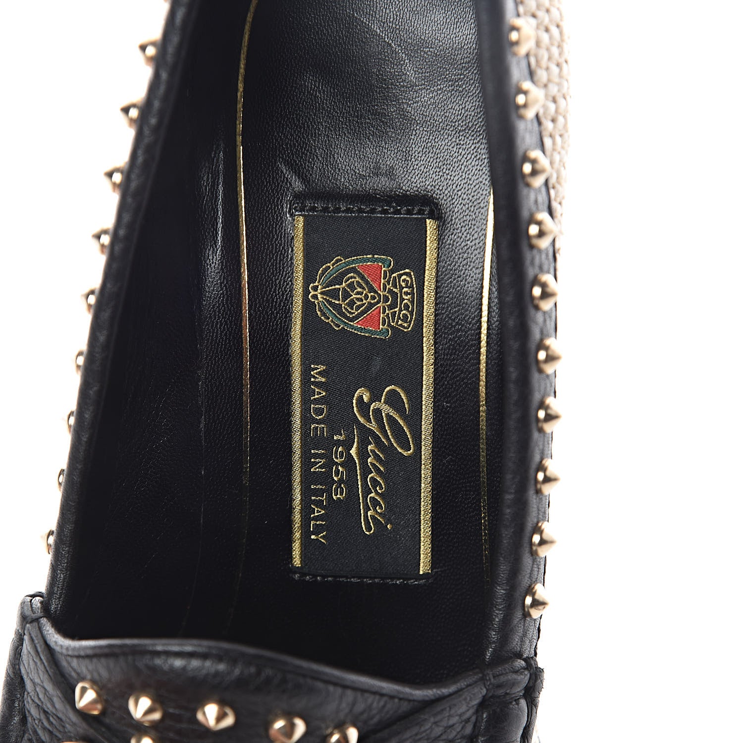 Gucci Calfskin Canvas Studded Horsebit Alyssa Pumps 35.5 Black Ivory 5 of 7