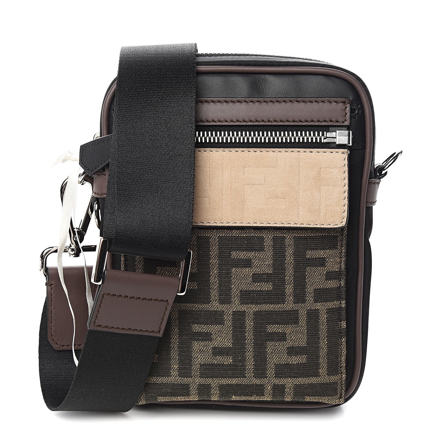 Fendi Nylon Fabric Jacquard Chamois FF 1974 Medium Crossbody Messenger Black Nuvola 1 of 9