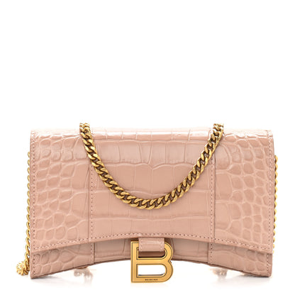 Balenciaga Shiny Calfskin Crocodile Embossed Hourglass Chain Bag Nude Beige 1 of 10