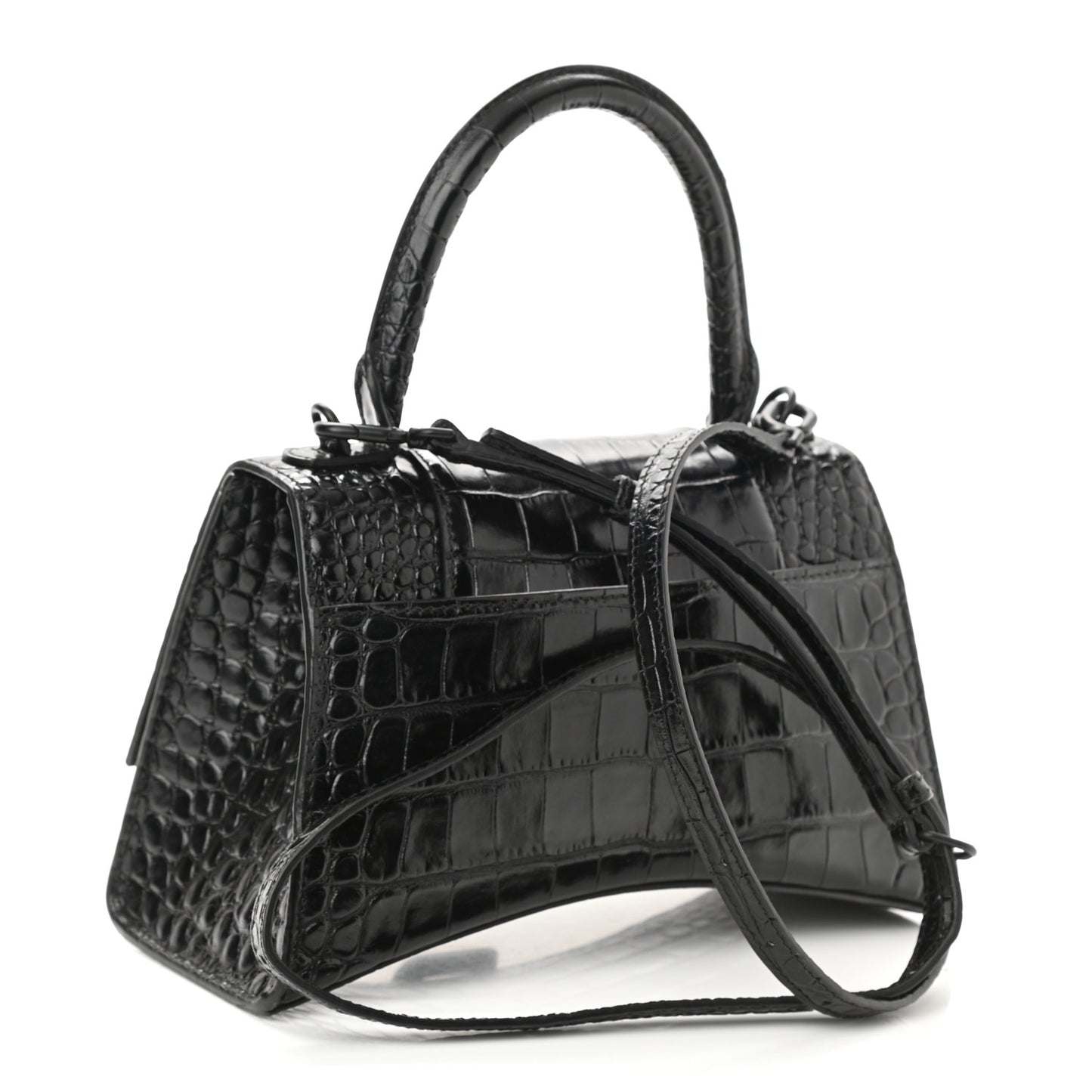 Shiny Calfskin Monochrome Crocodile Embossed Small Hourglass Top Handle Bag Black