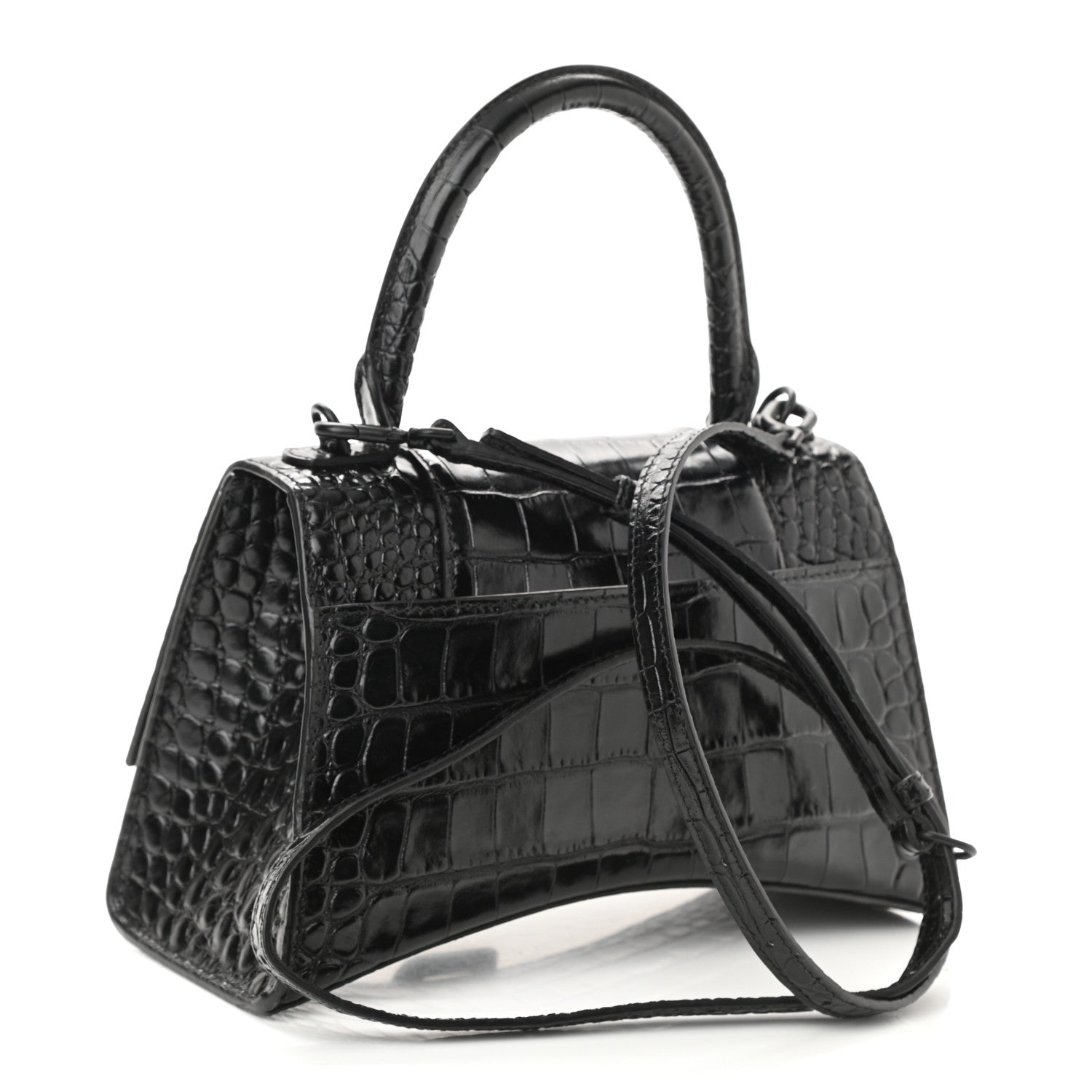 Balenciaga Shiny Calfskin Monochrome Crocodile Embossed Small Hourglass Top Handle Bag Black 3 of 8