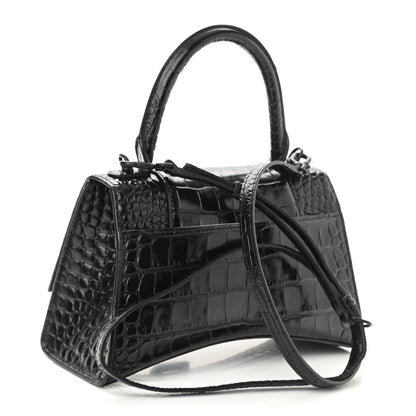 Balenciaga Shiny Calfskin Monochrome Crocodile Embossed Small Hourglass Top Handle Bag Black 3 of 8