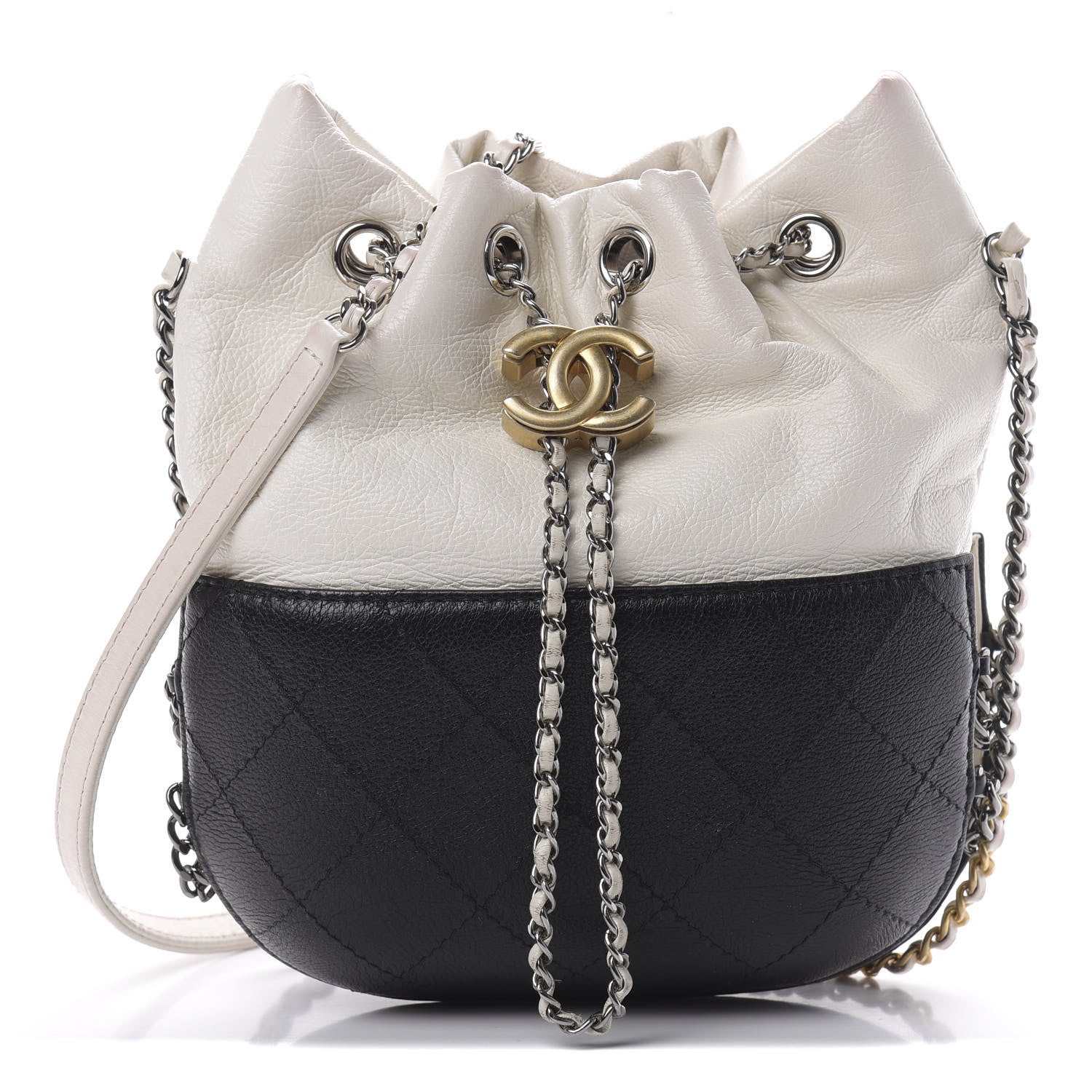 Chanel Aged Calfskin Quilted Small Gabrielle Bucket White Black 1 of 16