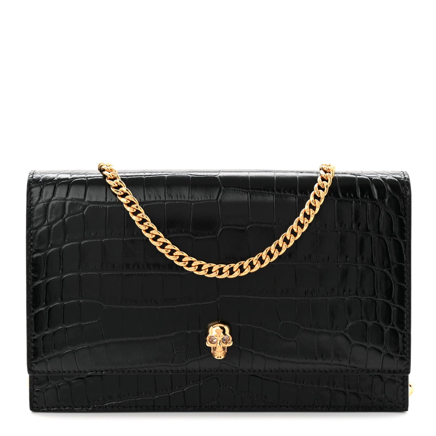 Calfskin Crocodile Embossed Skull Medium Shoulder Bag Black