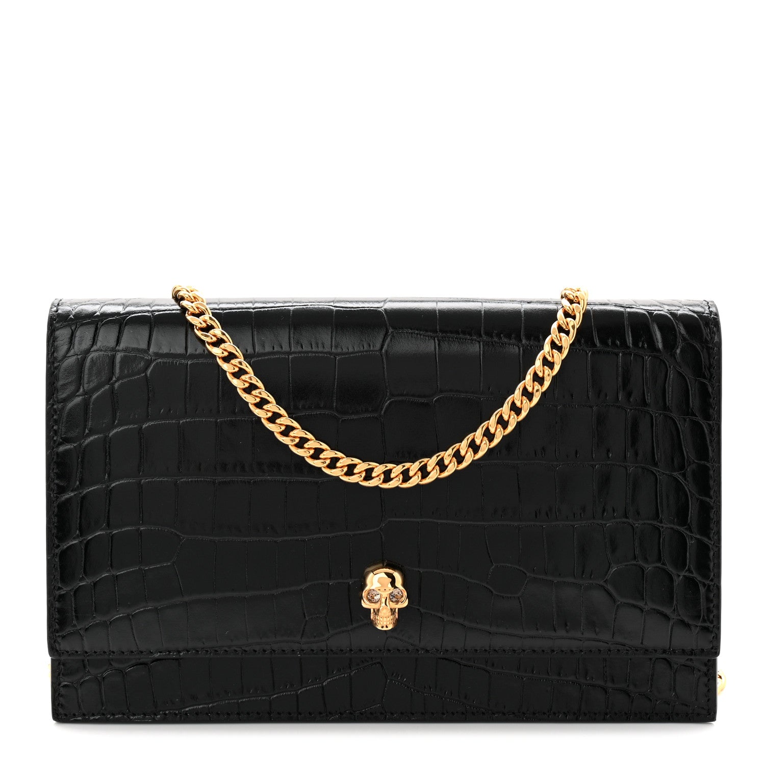 Alexander McQueen Calfskin Crocodile Embossed Skull Medium Shoulder Bag Black 1 of 10