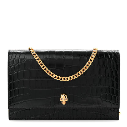 Alexander McQueen Calfskin Crocodile Embossed Skull Medium Shoulder Bag Black 1 of 10
