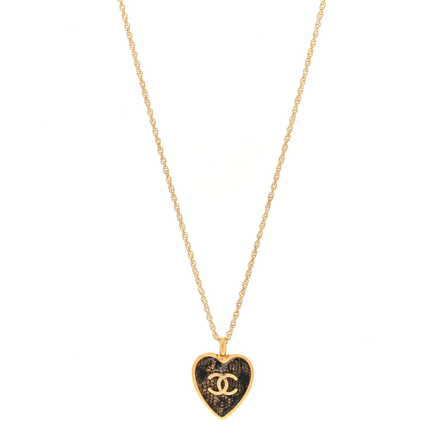 Chanel Metal Lace Resin Glass CC Heart Necklace Gold Black 1 of 5