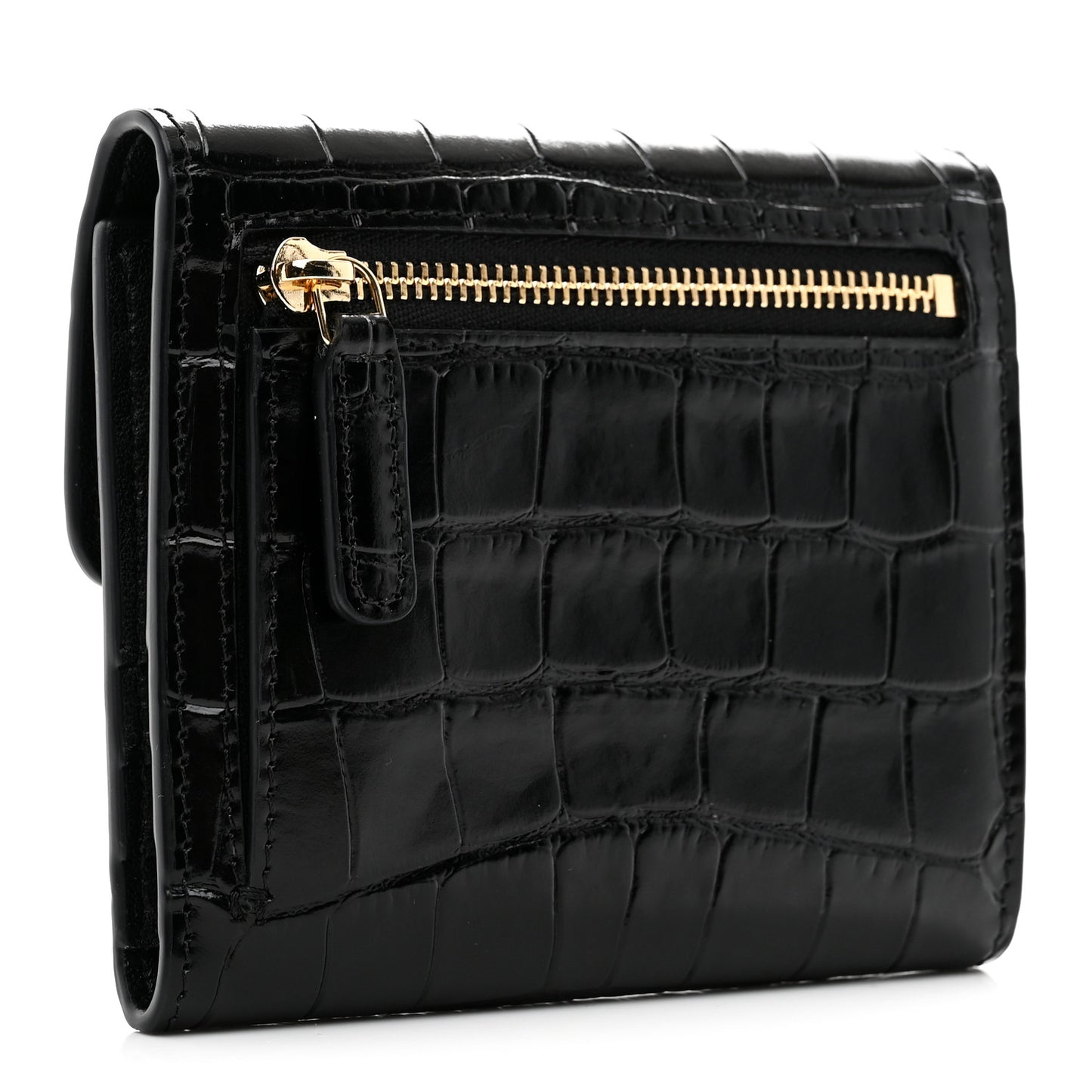 Calfskin Crocodile Embossed Crococo Flap Wallet Black