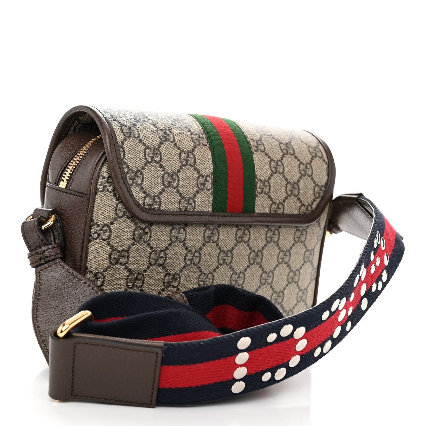 GG Supreme Monogram Textured Dollar Calfskin Web Studded Mini Ophidia Flap Shoulder Bag Beige Ebony New Acero
