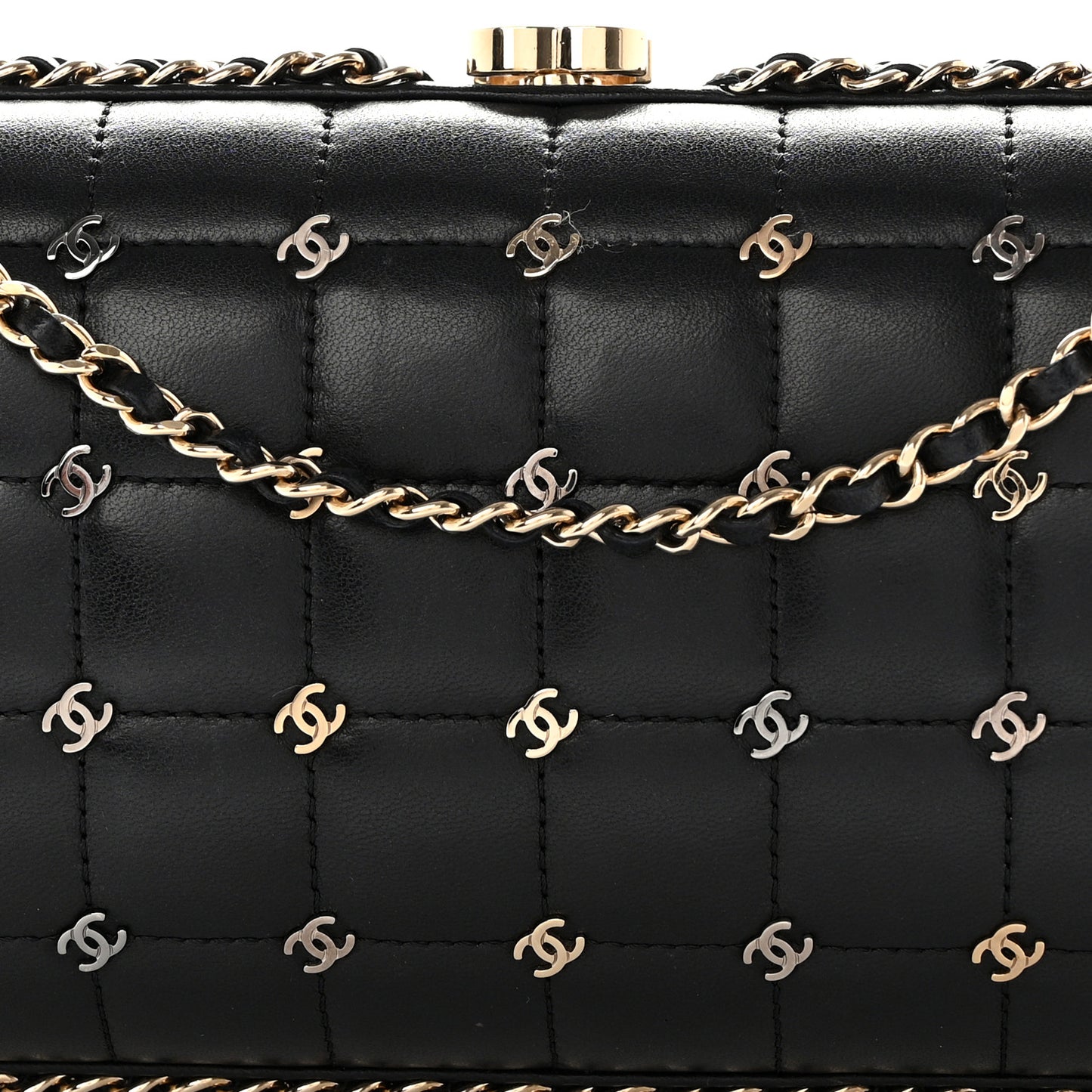Lambskin Quilted CC Studded Chain Around Clutch Black