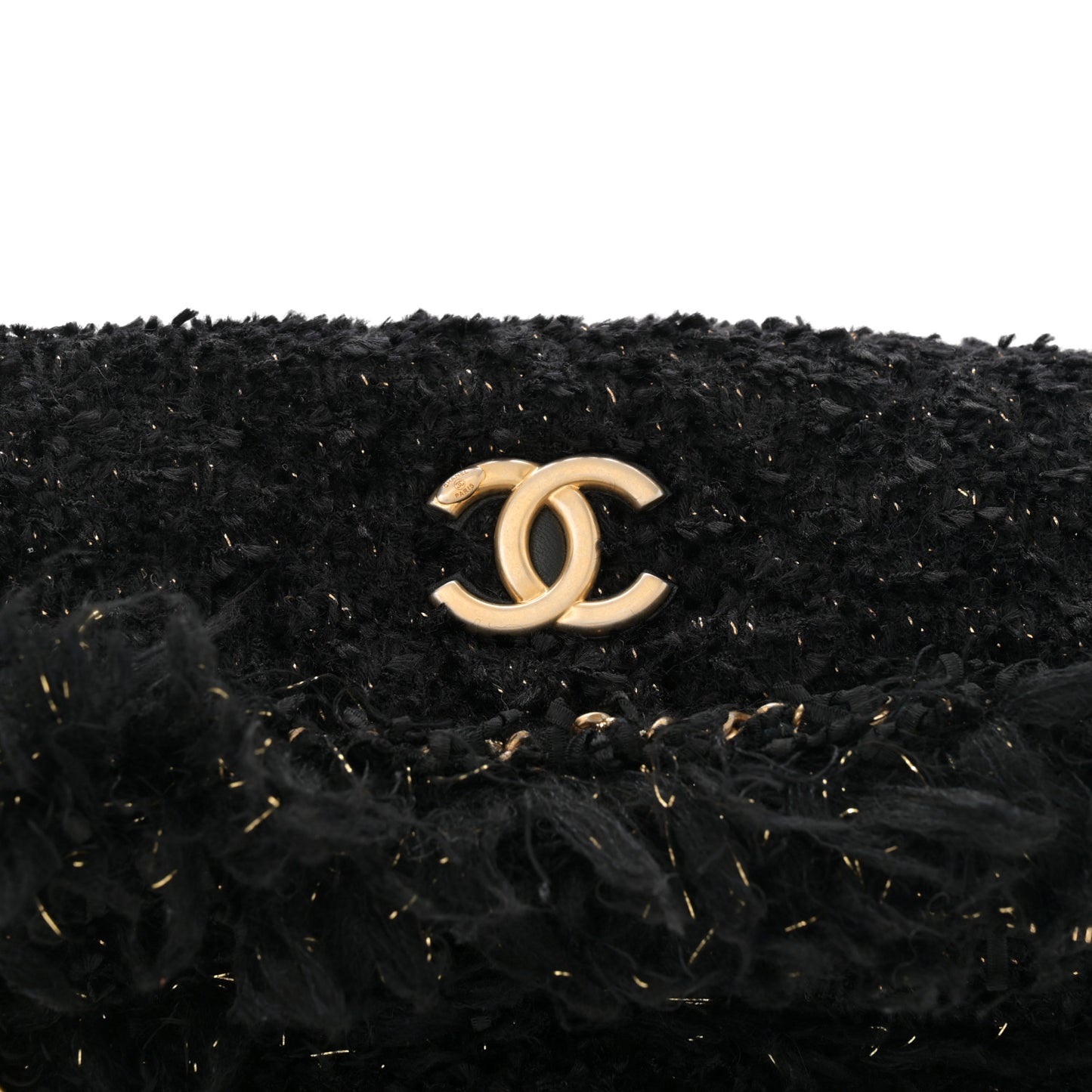 Tweed Fringe Quilted Chain Around Flap Clutch Black Gold
