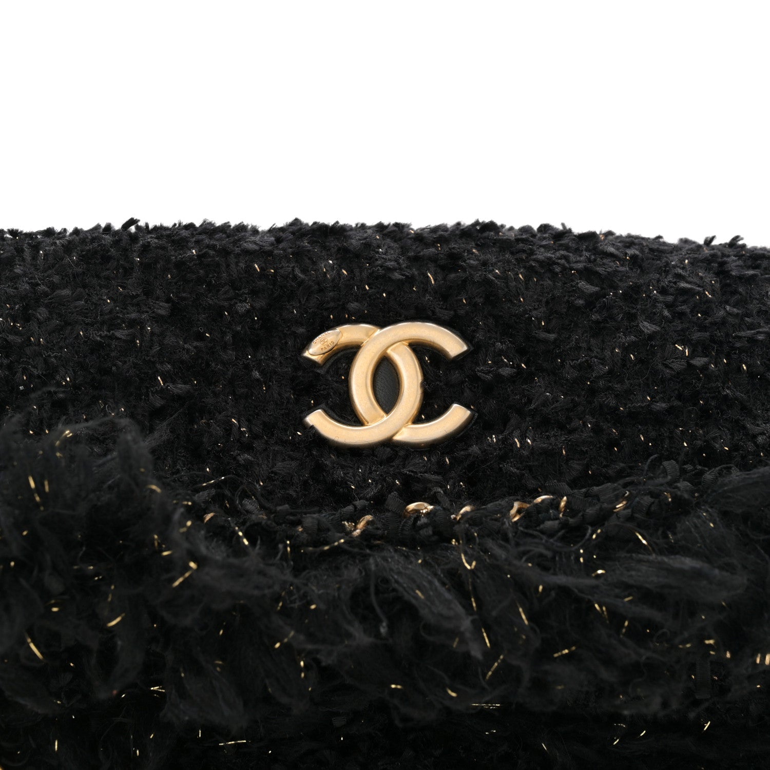 Chanel Tweed Fringe Quilted Chain Around Flap Clutch Black Gold 8 of 10