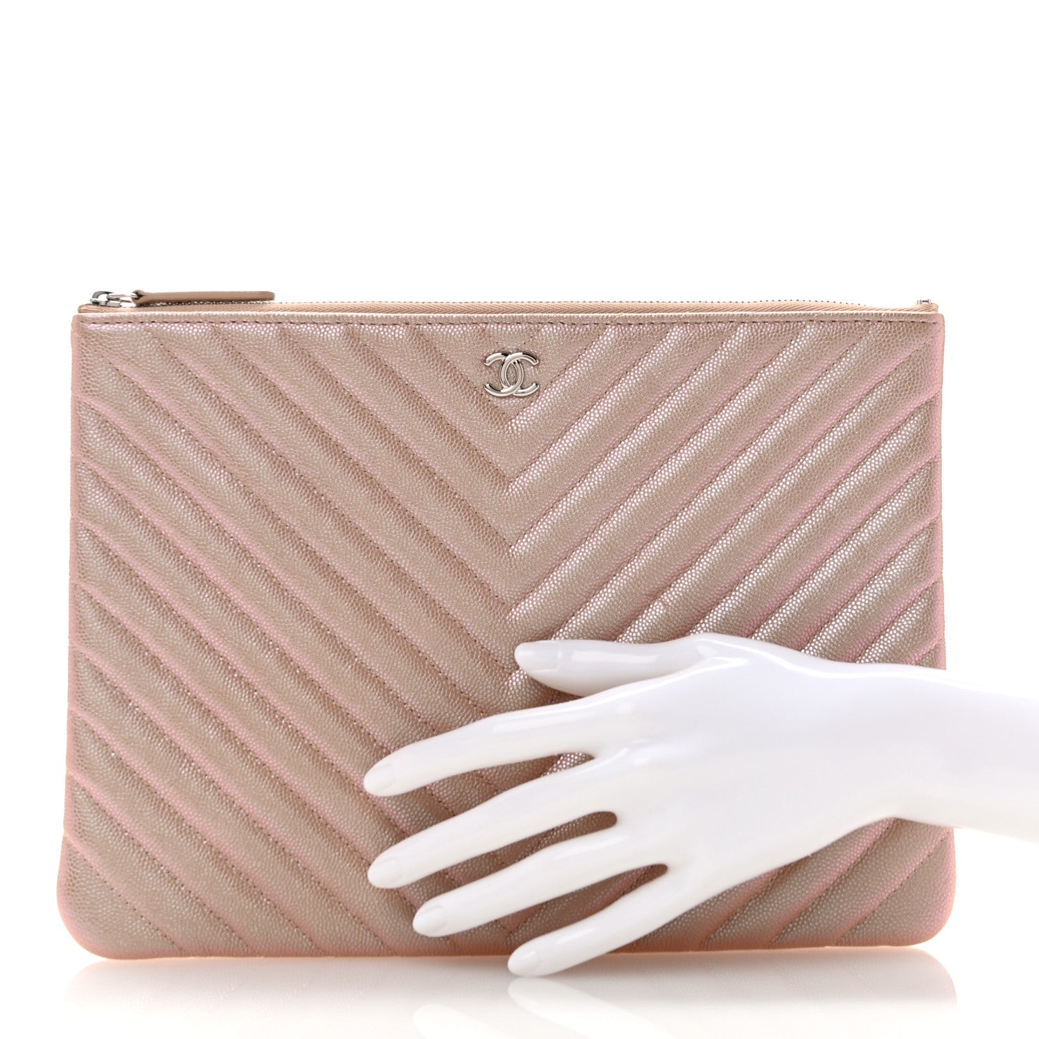 Chanel Iridescent Caviar Chevron Quilted Medium Cosmetic Case Light Gold 2 of 7