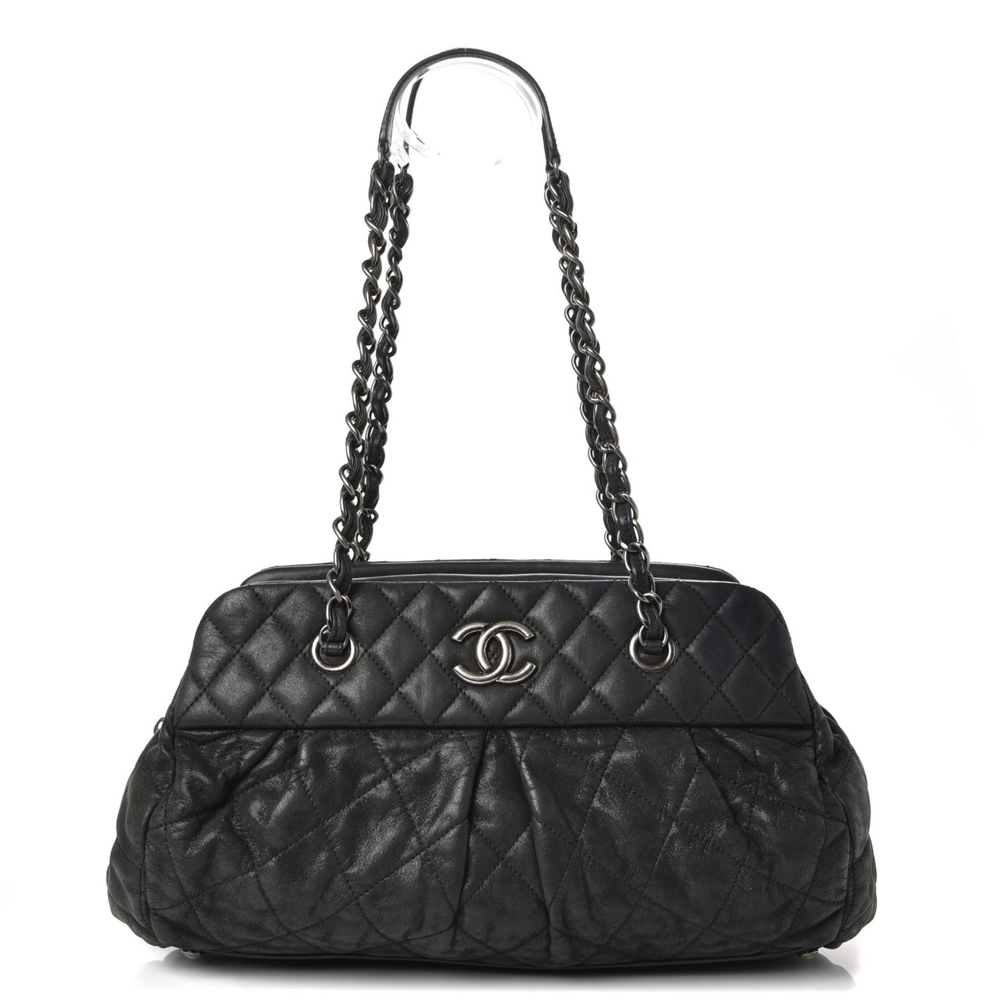 Iridescent Calfskin Chic Quilt Bowling Bag Black